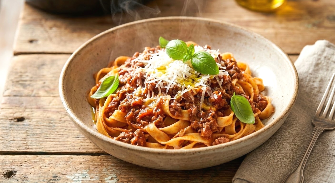 Rich homemade Bolognese sauce over perfect pasta